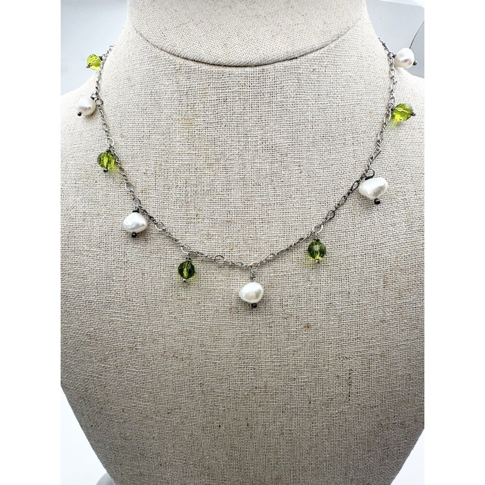 925 Sterling Silver Cultured Pearl Crystal Bead Necklace 16.5”